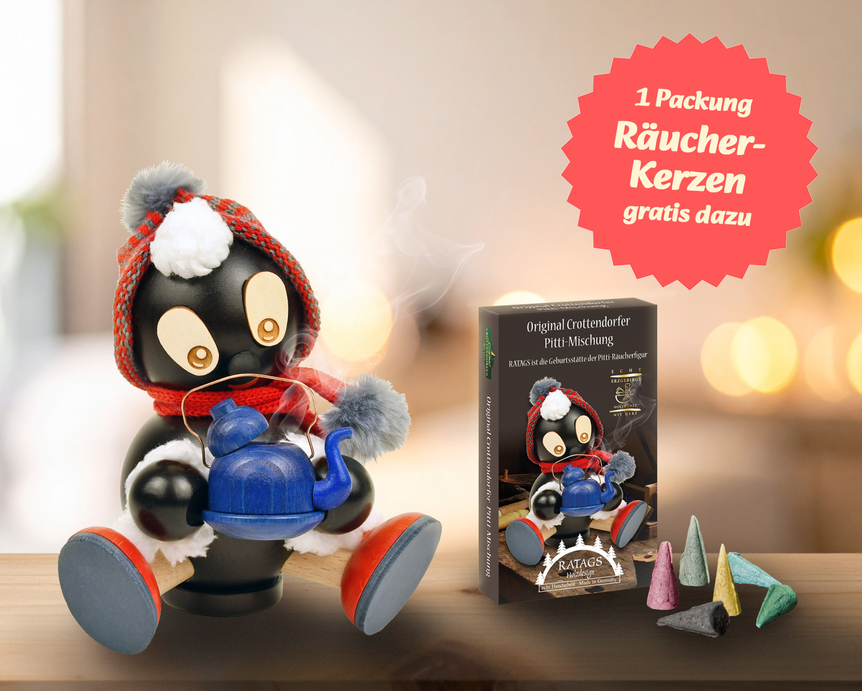 Räuchermännchen Pitti aus dem Erzgebirge mit Mütze und Schal, hält blaue Teekanne, inklusive gratis Räucherkerzen von RATAGS